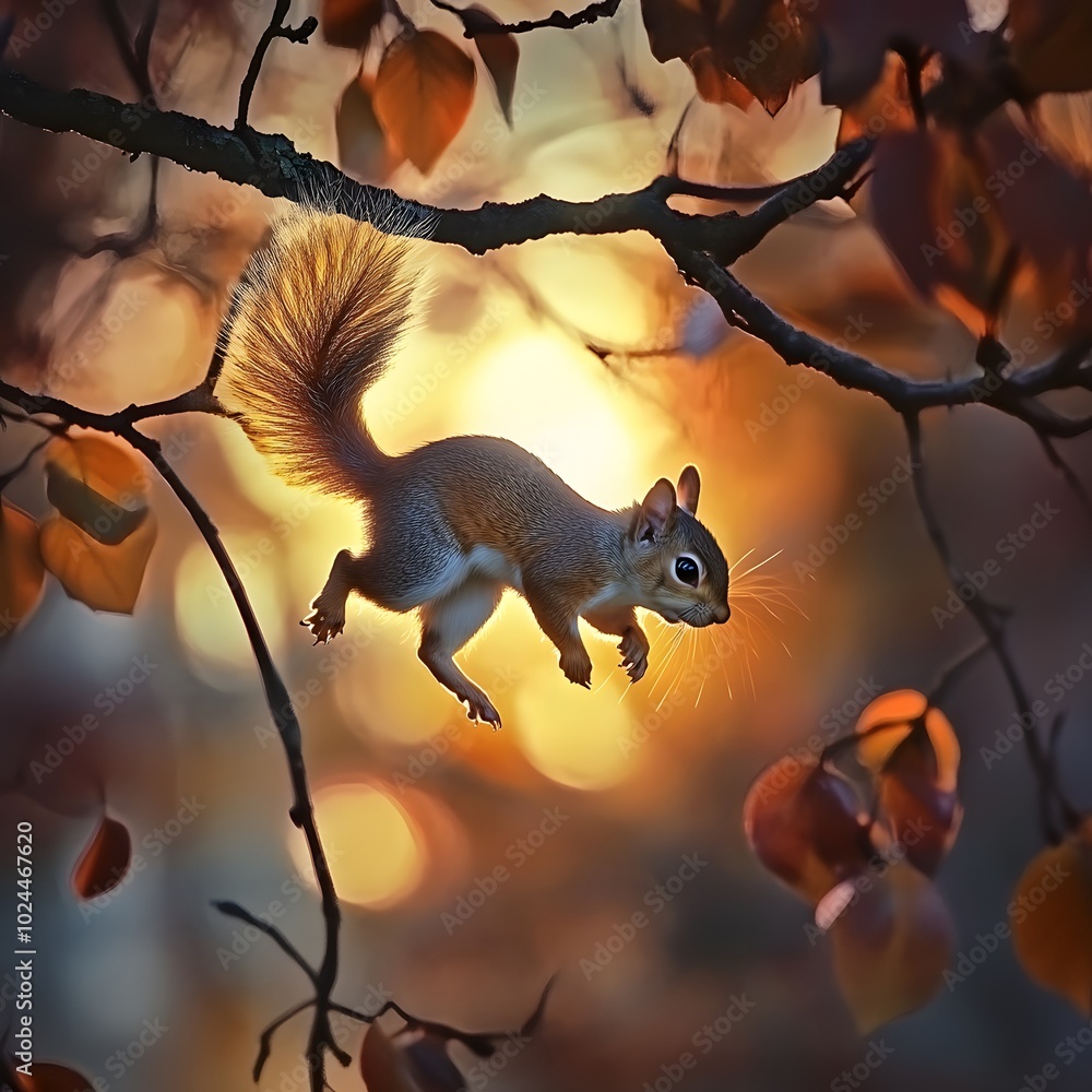Obraz premium A squirrel darting through tree branches at sunset, mid-air leap, tail flicking with nimbleness, frozen in motion with vibrant autumn colors.