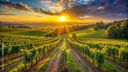Wallpaper Mural vineyard at sunset. field, landscape, agriculture, sky, nature, vineyard, green, farm, countryside, rural, summer, grass, wine, tree, blue, country, vine, clouds, grape, spring, meadow, land, plantati Torontodigital.ca