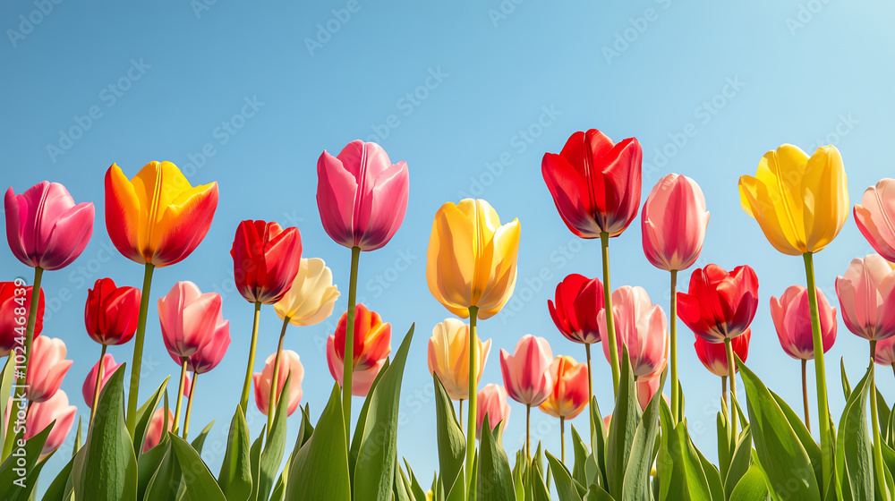 Colorful tulips in a sunny blue sky.