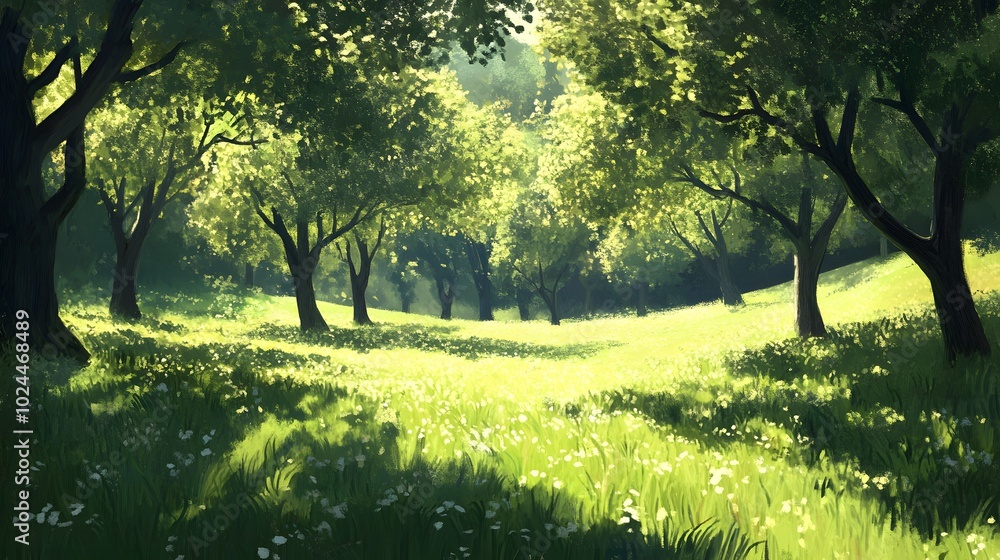 Sunlit Meadow with Tall Trees and White Flowers Sunlit Meadow with Tall Trees and White Flowers