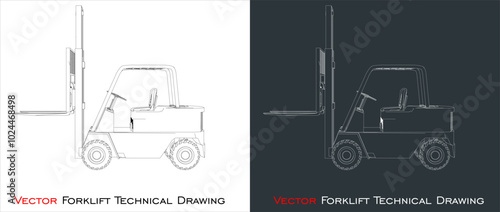 Vector forklift line blueprint wireframe technical drawing