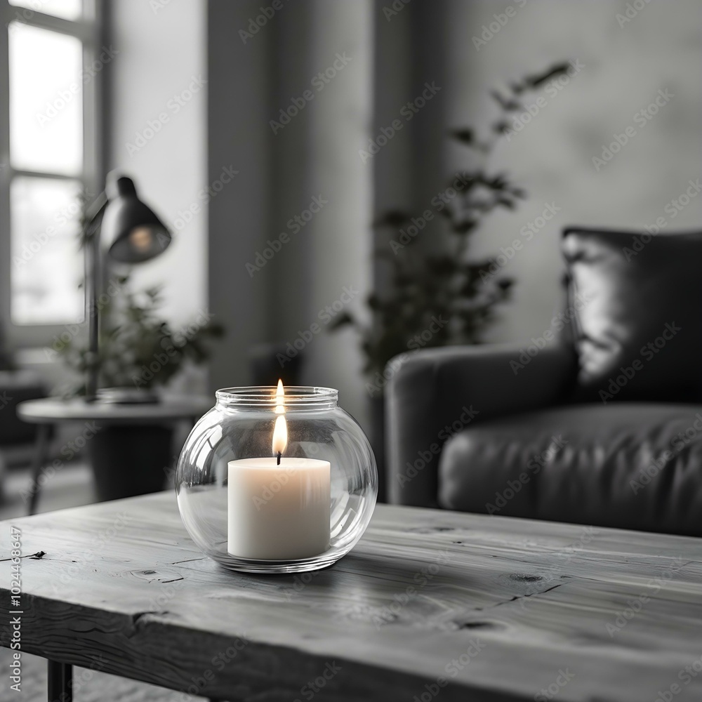 Cozy Minimalist Living Room: Close-Up of Glass Candle Jar on Rustic Wooden Coffee Table with Grey Sofa and Side Table Lamp Cozy Minimalist Living Room: Close-Up of Glass Candle Jar on Rustic Wooden Coffee Table with Grey Sofa and Side Table Lamp