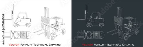 Vector forklift line blueprint wireframe technical drawing