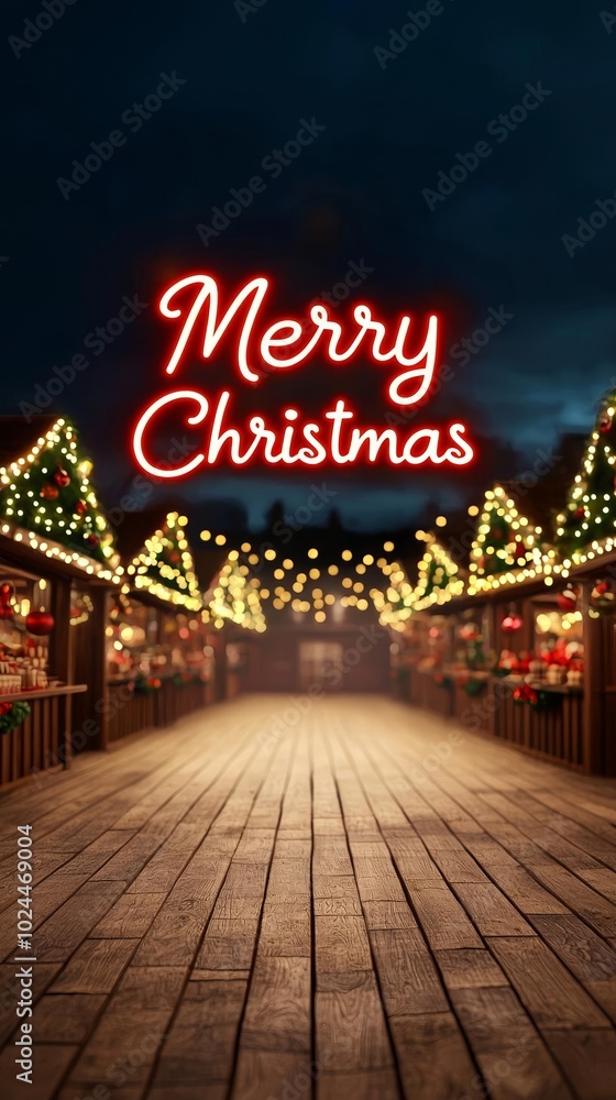 Festive Christmas market illuminated with bright lights and cheerful decorations. Festive Christmas market illuminated with bright lights and cheerful decorations.