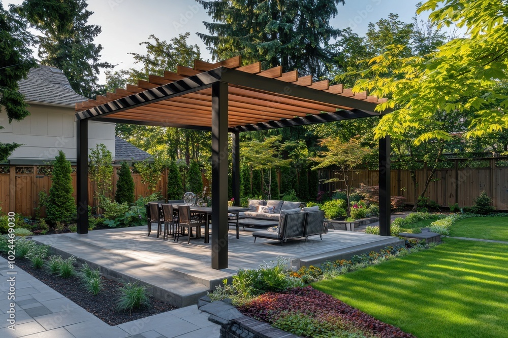 A modern backyard patio with a wooden pergola providing shade over a comfortable seating area A modern backyard patio with a wooden pergola providing shade over a comfortable seating area