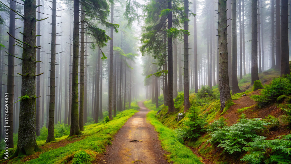Obraz premium morning in the forest. forest, tree, nature, trees, pine, path, landscape, green, wood, woods, road, park, autumn, summer, spring, foliage, sun, light, sunlight, season, way, grass, outdoor, trail, en