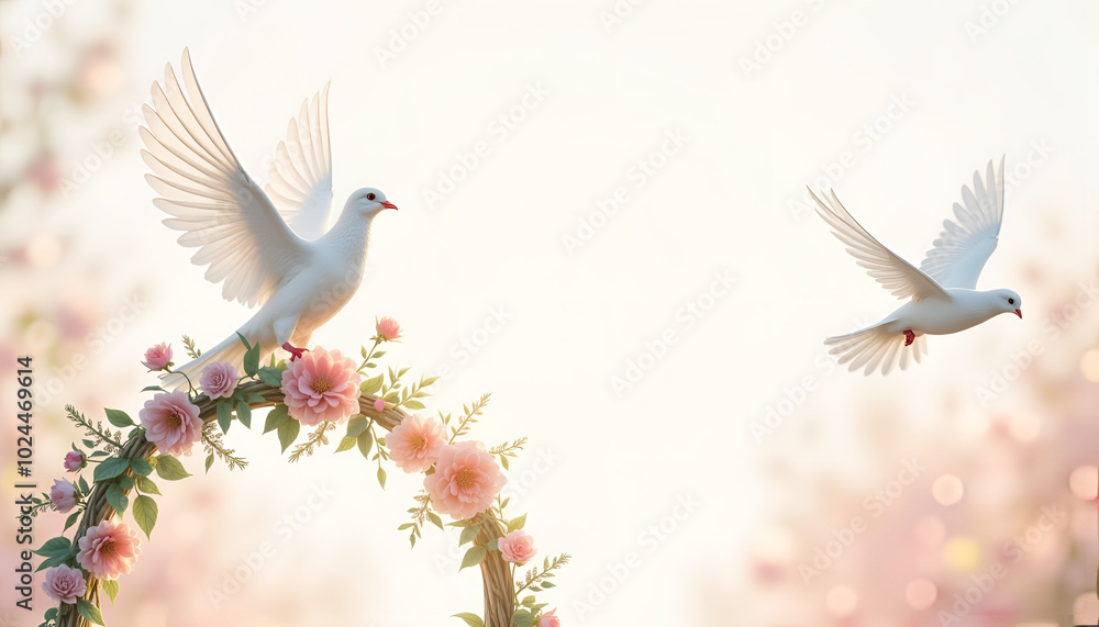 Obraz premium Graceful White Doves Flying over Blooming Floral Arch Symbolizing Peace and Love