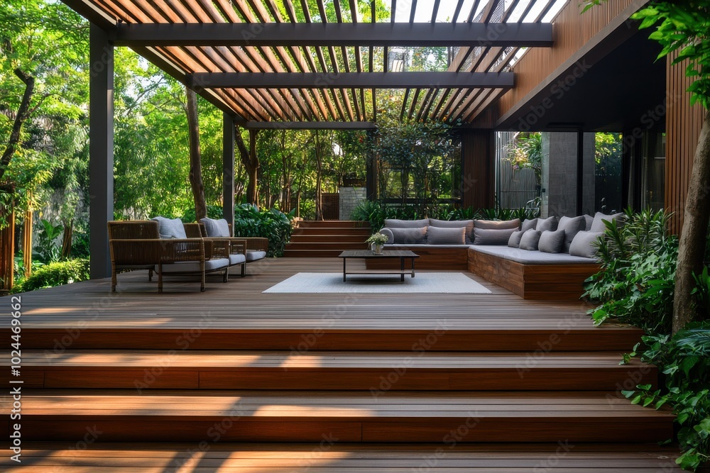 A modern, elevated deck with multiple steps leading to a large pergola-covered seating area A modern, elevated deck with multiple steps leading to a large pergola-covered seating area