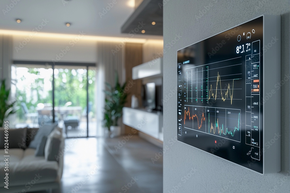 Smart home monitoring system displaying temperature and data analysis Smart home monitoring system displaying temperature and data analysis