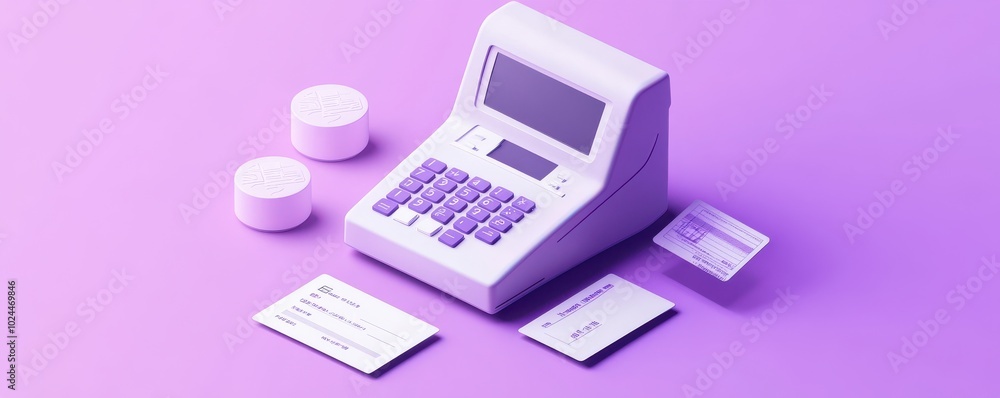 3D rendering of a modern payment terminal with bank cards on a purple background illustrating digital finance concepts 3D rendering of a modern payment terminal with bank cards on a purple background illustrating digital finance concepts
