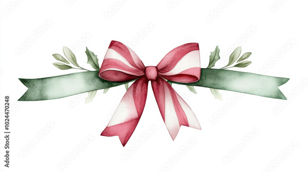 beautiful Christmas bow with red and white stripes, adorned with green leaves, perfect for festive decorations and holiday crafts. This design captures joyful spirit of season beautiful Christmas bow with red and white stripes, adorned with green leaves, perfect for festive decorations and holiday crafts. This design captures joyful spirit of season