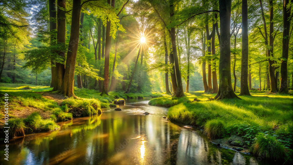 Fototapeta premium morning in the forest. river, water, nature, landscape, forest, lake, tree, trees, autumn, green, park, reflection, summer, pond, stream, sky, sunlight, canal, wood, bridge, season, spring, fall, blue
