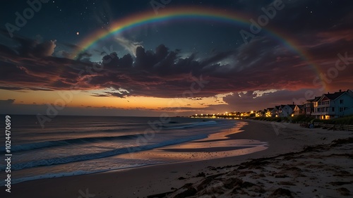 Serene Coastal Sunset with Majestic Rainbow Over Beach Houses