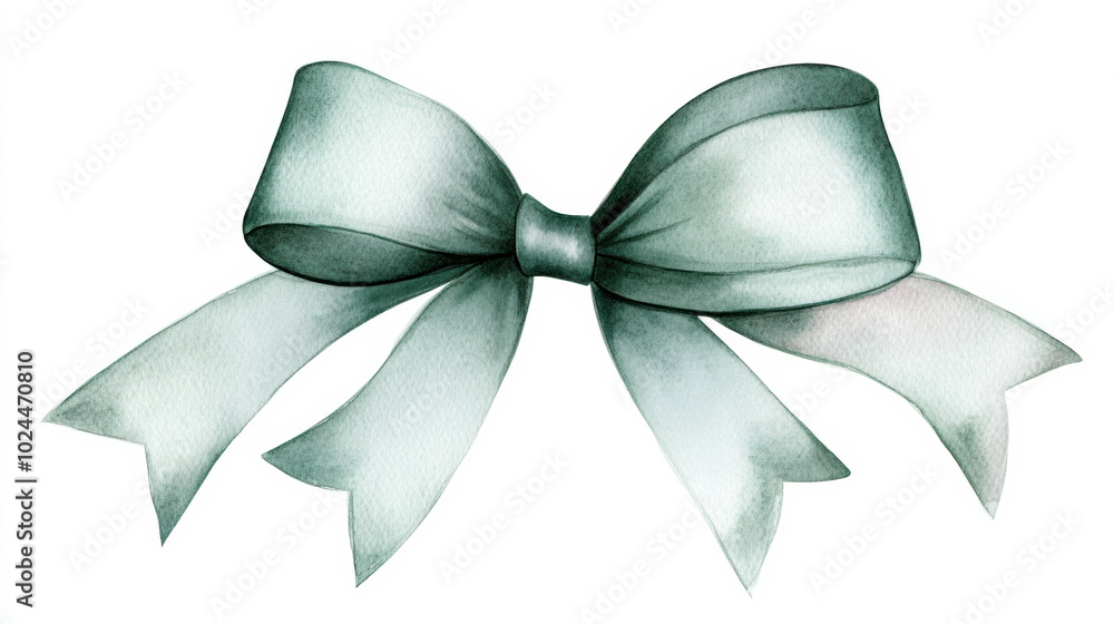 beautiful satin finish bow in soft green hue, perfect for adding touch of elegance to any festive occasion. This watercolor illustration captures delicate details and graceful curves of ribbon beautiful satin finish bow in soft green hue, perfect for adding touch of elegance to any festive occasion. This watercolor illustration captures delicate details and graceful curves of ribbon