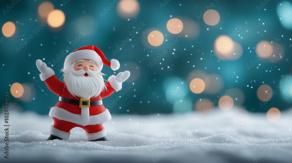 A whimsical Santa Claus dancing in the snow, set against a blurred festive background with room for text A whimsical Santa Claus dancing in the snow, set against a blurred festive background with room for text