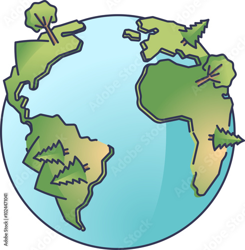 Cartoon Earth with exaggerated continents and trees symbolizes environmental awareness.