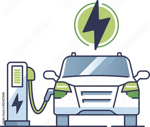 Illustration of an electric car charging at a station, symbolizing eco-friendly transportation.