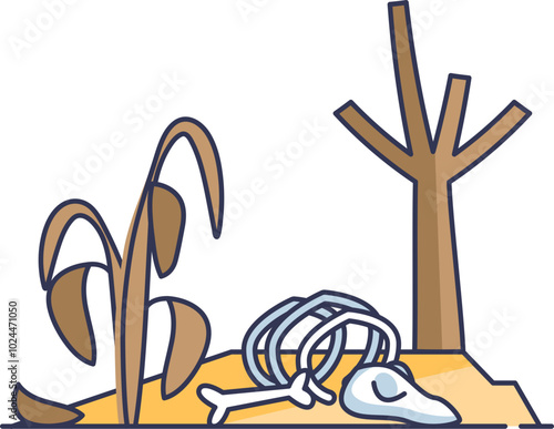 Dry landscape with dead plants and animal bones symbolizing drought.