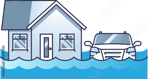 House and car submerged in floodwater, symbolizing disaster and damage.