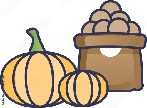 Illustration of pumpkins and a sack of potatoes, symbolizing harvest and abundance.