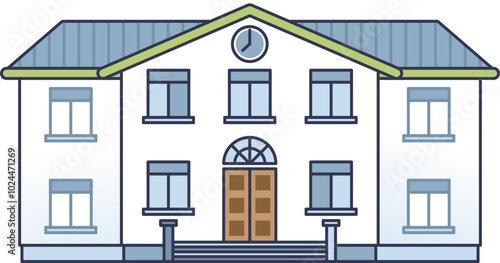 Illustration of a classic school building with windows, doors, and a clock, symbolizing education.