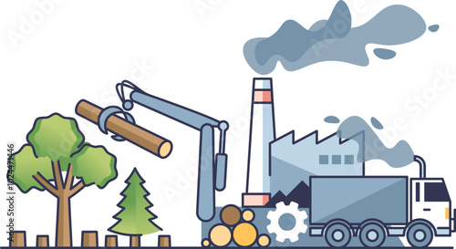 Illustration of tree harvesting and factory with smoke chimney, showing deforestation and industrial impact.