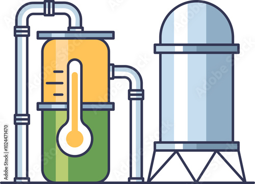 Illustration of biofuel plant equipment with tanks and pipes, symbolizing renewable energy production.