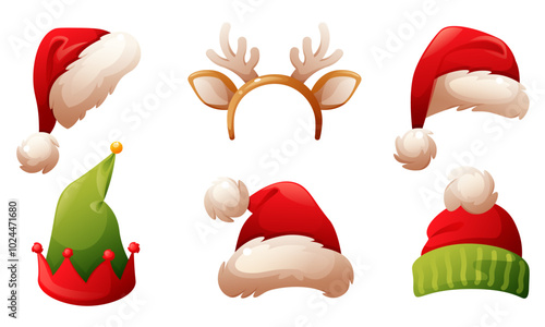 Santa Claus hats, elf hat, headdress with deer antlers and star. Winter hat, Christmas headdress, Santa Claus vector cap. Vector set for decorating Christmas and New Year designs.