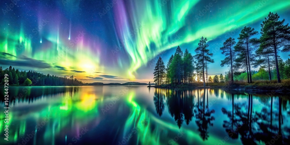 Fototapeta premium Macro Aurora Lights landscape with trees and water