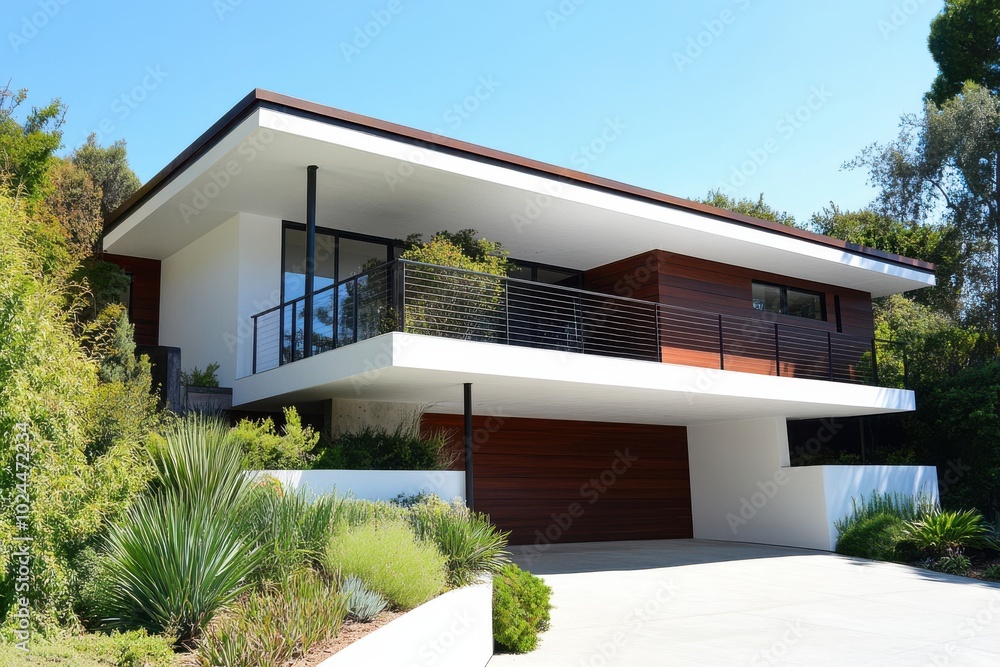 A modern two-story house with a flat roof, clean lines, and white exterior walls. The house includes A modern two-story house with a flat roof, clean lines, and white exterior walls. The house includes