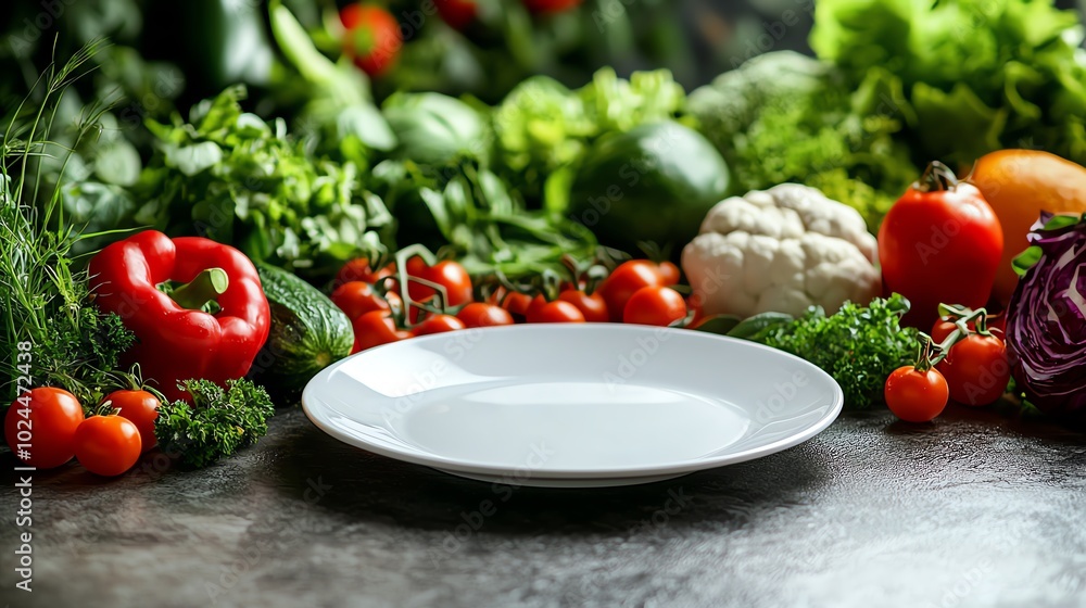 Fresh vegetables and herbs arranged beautifully around a clean white plate, perfect for a healthy meal presentation. Fresh vegetables and herbs arranged beautifully around a clean white plate, perfect for a healthy meal presentation.
