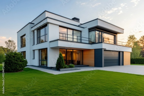 A modern two-story house with a minimalist design  featuring large windows and a sleek