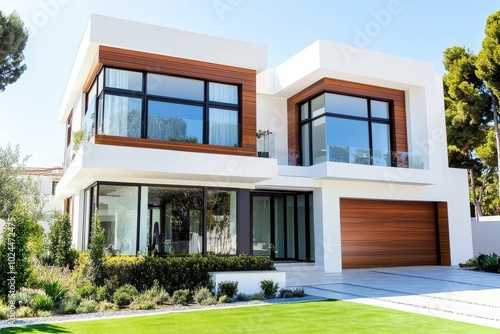 A modern two-story house with a minimalist design, featuring large windows and a sleek