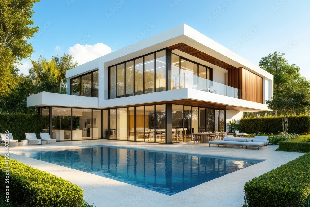 A modern, two-story house with a spacious outdoor pool and clean, white exterior A modern, two-story house with a spacious outdoor pool and clean, white exterior