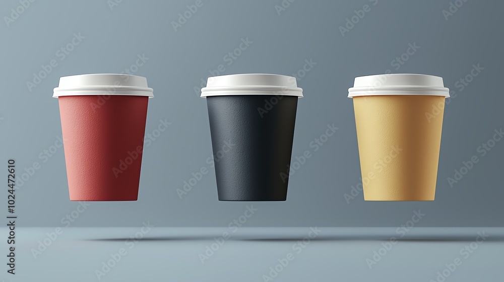 Three colorful coffee cups in red, black, and yellow against a minimalistic background, perfect for beverage branding or cafe designs. Three colorful coffee cups in red, black, and yellow against a minimalistic background, perfect for beverage branding or cafe designs.