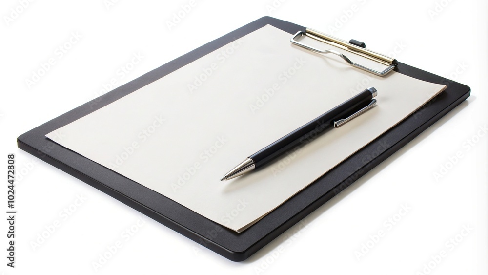 Macro black clipboard with blank paper and pen on white background Macro black clipboard with blank paper and pen on white background