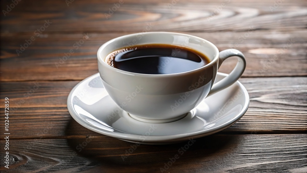 Macro black coffee in white cup with saucer on table Macro black coffee in white cup with saucer on table