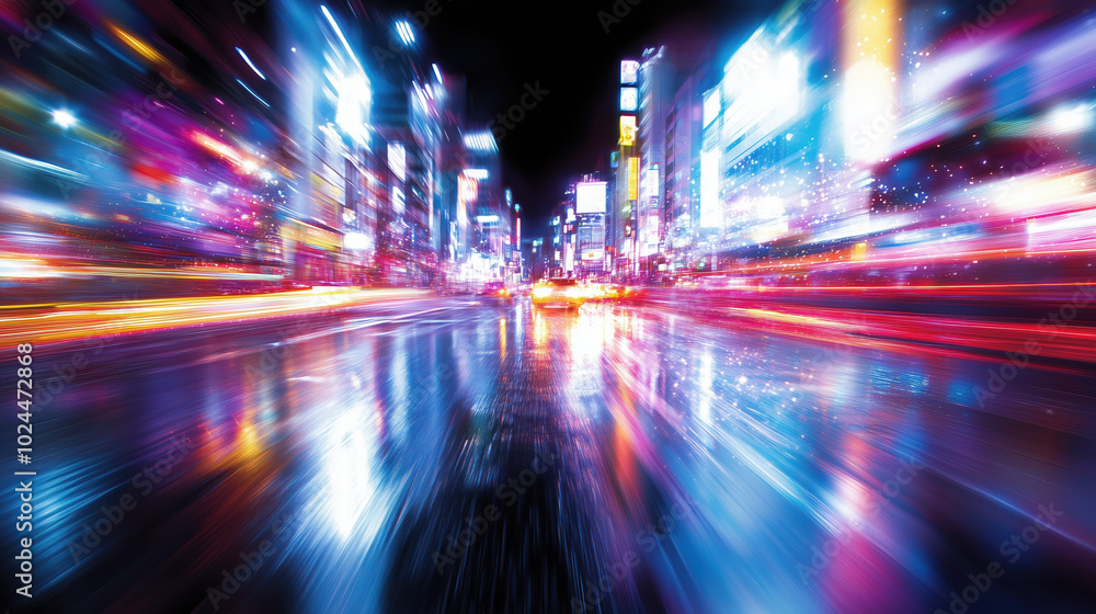 Vibrant city lights illuminate bustling urban street at night, creating dynamic and energetic atmosphere. colorful reflections on wet pavement enhance lively scene Vibrant city lights illuminate bustling urban street at night, creating dynamic and energetic atmosphere. colorful reflections on wet pavement enhance lively scene