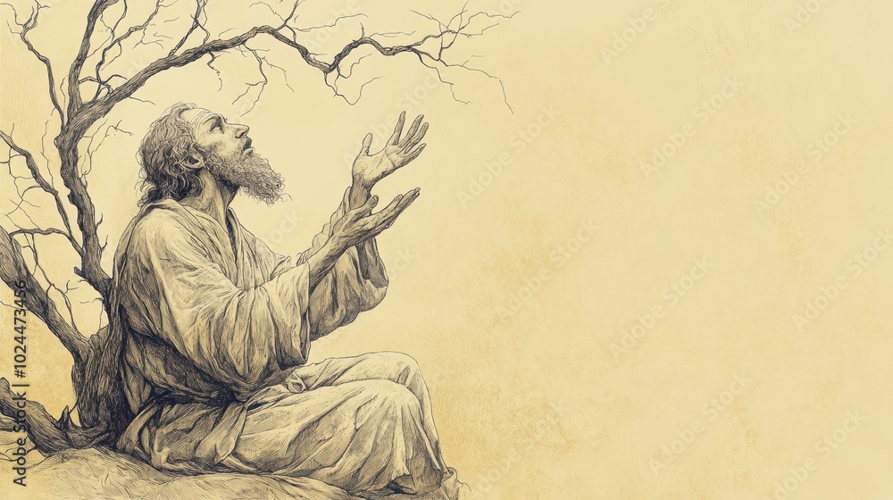 Fototapeta premium Jeremiah s Plea Under a Withered Tree A Minimalistic Biblical Wall Art Depicting the Prophet s Anguish and Despair