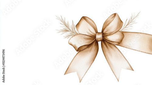 Elegant Christmas bow with silk ribbon and decorative greenery, perfect for festive occasions and holiday decorations. This beautiful clipart adds touch of sophistication to any design