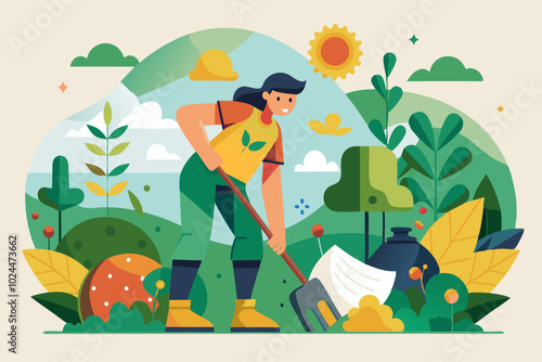 Minimalist volunteer gardening in nature for environmental awareness and community involvement