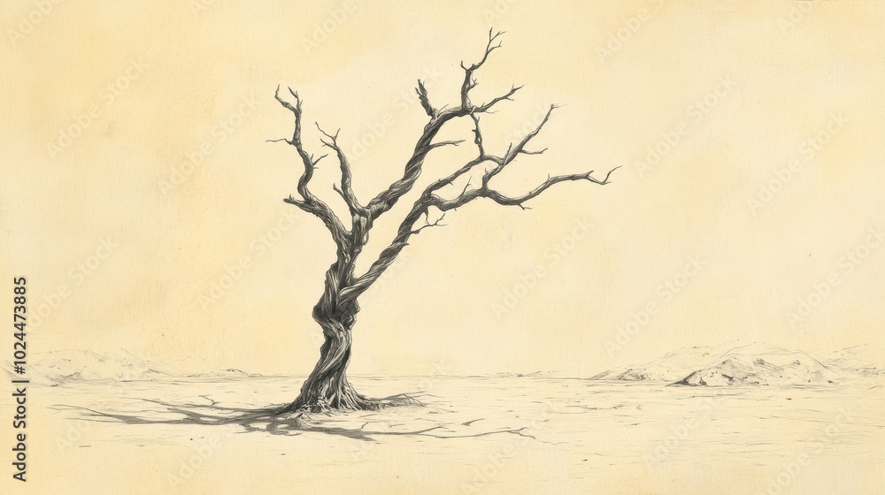 Barren twisted tree standing alone in a desert landscape its dry branches reaching skyward   a symbolic representation of the desolation and consequences of sin depicted in a minimalist
