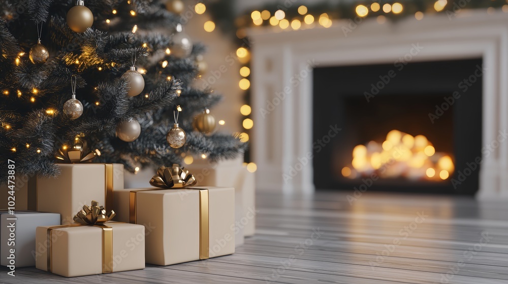 A festive christmas scene, warm glow of the fireplace and the sparkle of decorated tree A festive christmas scene, warm glow of the fireplace and the sparkle of decorated tree
