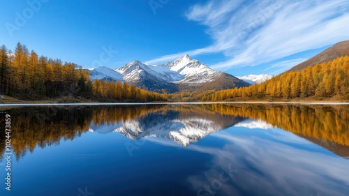 Mountain lake reflecting seasonal changes, with icy reflections in winter, fresh blooms in spring, crystalclear water in summer, and autumn leaves floating on the surface