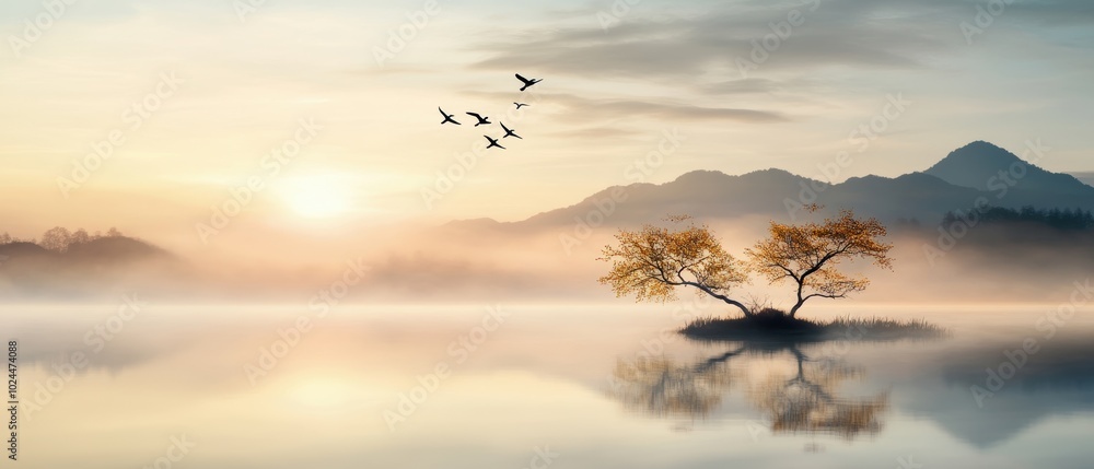 Naklejka premium Serene landscape featuring a tranquil lake, misty mountains, and birds in flight during dawn light.