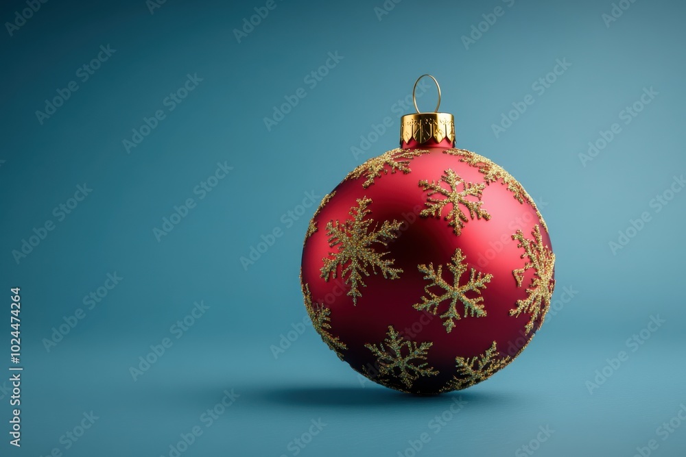 Festive red Christmas ornament with golden snowflake design on a blue background Festive red Christmas ornament with golden snowflake design on a blue background