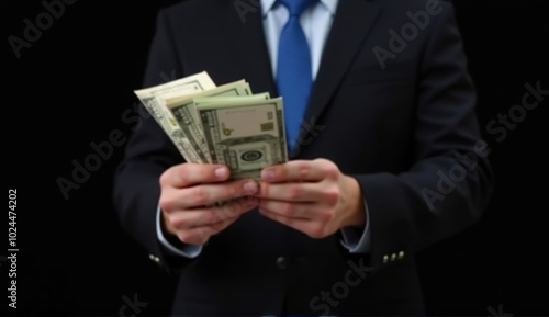 Financial success concept: businessman wearing blue tie and holding stack of cash against a black background, representing money exchange or illicit trade.
