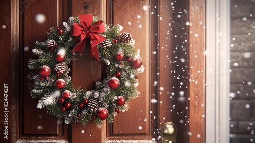 A festive wreath adorned with sparkling ornaments hangs on red door, embracing the falling snow of winter photo