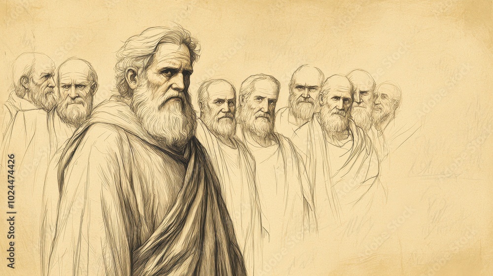 Fototapeta premium Striking minimalist wall art depicting Jeremiah standing before a group of elders his face resolute as he conveys his newfound purpose and mission in this historical sketch from biblical times