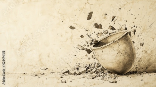 Minimalist wall art depicting a vision of a clay pot falling to the ground and shattering into countless pieces symbolizing the broken relationship with God photo